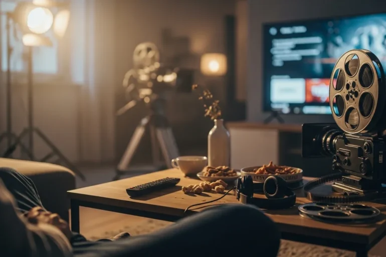 Fotorealistische Szene in einem modernen deutschen Wohnzimmer bei weichem natürlichem Abendlicht: eine einzelne Person sitzt entspannt auf einem Sofa, auf dem Couchtisch liegen Fernbedienung, Kopfhörer und Snacks, im Hintergrund läuft auf einem großen Fernseher eine unscharfe Streaming-Oberfläche ohne lesbare Elemente. Warme Farbtöne, realistische Stoff- und Holztexturen, dezente Tiefenschärfe, gemütliche und konzentrierte Stimmung, hochwertiger redaktioneller Look ohne Text, Wörter, Buchstaben oder Zahlen im Bild.