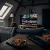 Fotorealistische Hero-Szene für einen Artikel über beliebte Serien, gemütliches modernes Wohnzimmer bei natürlicher Beleuchtung, eine Person sitzt entspannt vor einem großen Fernseher mit Streaming-Oberfläche und mehreren unterschiedlich wirkenden Serienwelten als visuelle Motive im Raum angedeutet, cineastische Stimmung, realistische Texturen bei Sofa, Decke, Holz, Glas und Bildschirmreflexionen, hochwertiges redaktionelles Magazin-Setup, kein Text im Bild