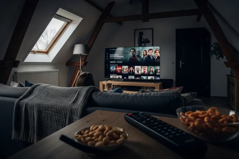 Fotorealistische Hero-Szene für einen Artikel über beliebte Serien, gemütliches modernes Wohnzimmer bei natürlicher Beleuchtung, eine Person sitzt entspannt vor einem großen Fernseher mit Streaming-Oberfläche und mehreren unterschiedlich wirkenden Serienwelten als visuelle Motive im Raum angedeutet, cineastische Stimmung, realistische Texturen bei Sofa, Decke, Holz, Glas und Bildschirmreflexionen, hochwertiges redaktionelles Magazin-Setup, kein Text im Bild