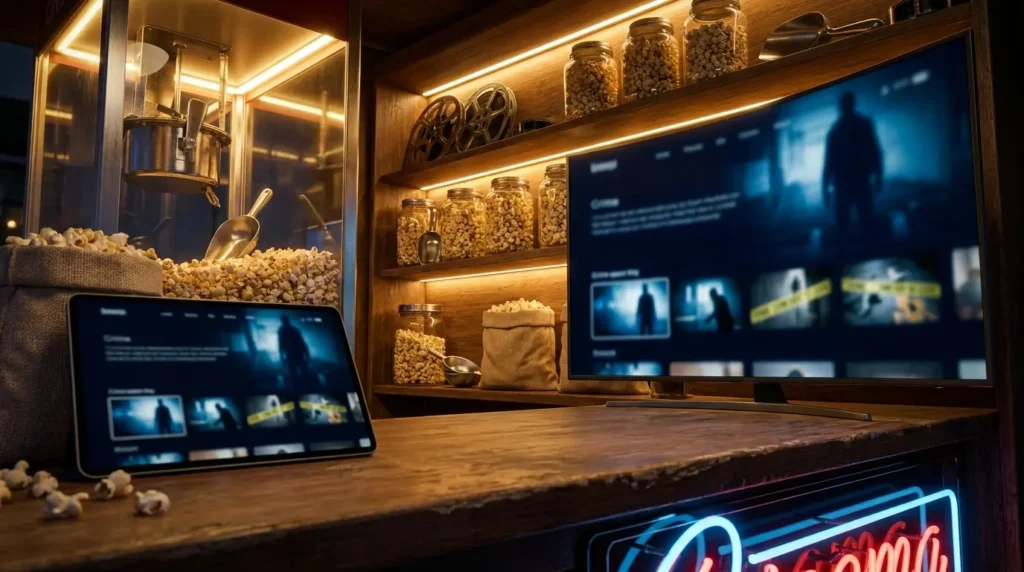 Fotorealistische Hero-Szene für einen Vergleich von Streaming-Anbietern mit Fokus auf Krimi-Serien und Thriller: modernes Wohnzimmer bei Abendlicht, mehrere unterschiedliche Streaming-Oberflächen angedeutet auf einem großen Fernseher und einem Tablet, cineastische Spannung, dezente dunkle Blautöne, natürliche Beleuchtung, realistische Texturen von Sofa, Holz, Glas und Stoff, hochwertige Entertainment-Atmosphäre, kein Text im Bild