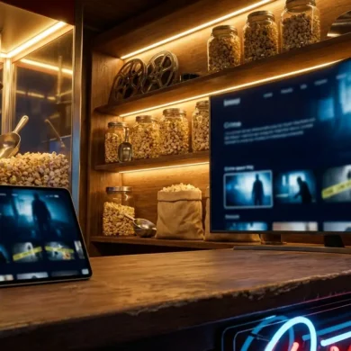 Fotorealistische Hero-Szene für einen Vergleich von Streaming-Anbietern mit Fokus auf Krimi-Serien und Thriller: modernes Wohnzimmer bei Abendlicht, mehrere unterschiedliche Streaming-Oberflächen angedeutet auf einem großen Fernseher und einem Tablet, cineastische Spannung, dezente dunkle Blautöne, natürliche Beleuchtung, realistische Texturen von Sofa, Holz, Glas und Stoff, hochwertige Entertainment-Atmosphäre, kein Text im Bild