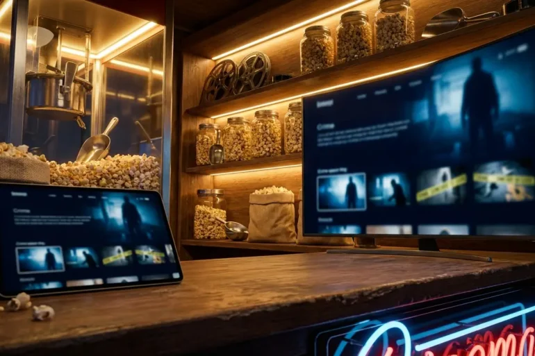 Fotorealistische Hero-Szene für einen Vergleich von Streaming-Anbietern mit Fokus auf Krimi-Serien und Thriller: modernes Wohnzimmer bei Abendlicht, mehrere unterschiedliche Streaming-Oberflächen angedeutet auf einem großen Fernseher und einem Tablet, cineastische Spannung, dezente dunkle Blautöne, natürliche Beleuchtung, realistische Texturen von Sofa, Holz, Glas und Stoff, hochwertige Entertainment-Atmosphäre, kein Text im Bild