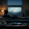 Fotorealistische Szene eines modernen Heimkino-Wohnzimmers bei natürlichem Abendlicht, mit einer einzelnen Person auf einem Sofa vor einem großen Fernseher, daneben mehrere hochwertige Blu-ray- und 4K-UHD-Hüllen auf einem niedrigen Holztisch, sichtbare realistische Texturen von Stoff, Holz und Kunststoff, warme Lichtstimmung und tiefe Kontraste. Im Hintergrund ein ordentliches Regal mit Film- und Serienboxen, dezente Technik wie Lautsprecher und Player, cineastische Farbpalette in Blau-, Grau- und warmen Bernsteintönen, keine Schrift, keine Logos, keine Zahlen im Bild.