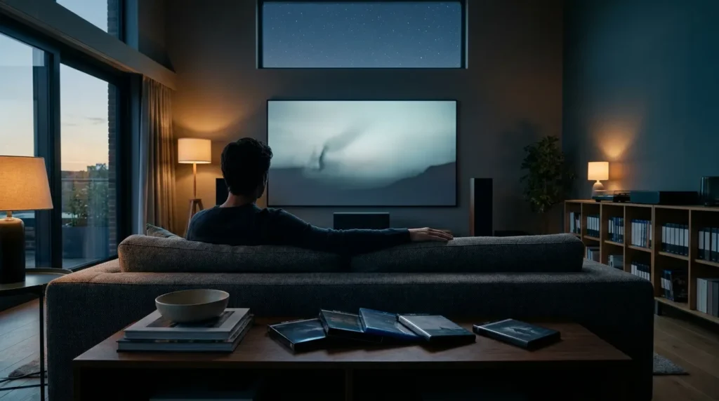 Fotorealistische Szene eines modernen Heimkino-Wohnzimmers bei natürlichem Abendlicht, mit einer einzelnen Person auf einem Sofa vor einem großen Fernseher, daneben mehrere hochwertige Blu-ray- und 4K-UHD-Hüllen auf einem niedrigen Holztisch, sichtbare realistische Texturen von Stoff, Holz und Kunststoff, warme Lichtstimmung und tiefe Kontraste. Im Hintergrund ein ordentliches Regal mit Film- und Serienboxen, dezente Technik wie Lautsprecher und Player, cineastische Farbpalette in Blau-, Grau- und warmen Bernsteintönen, keine Schrift, keine Logos, keine Zahlen im Bild.