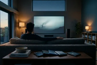 Fotorealistische Szene eines modernen Heimkino-Wohnzimmers bei natürlichem Abendlicht, mit einer einzelnen Person auf einem Sofa vor einem großen Fernseher, daneben mehrere hochwertige Blu-ray- und 4K-UHD-Hüllen auf einem niedrigen Holztisch, sichtbare realistische Texturen von Stoff, Holz und Kunststoff, warme Lichtstimmung und tiefe Kontraste. Im Hintergrund ein ordentliches Regal mit Film- und Serienboxen, dezente Technik wie Lautsprecher und Player, cineastische Farbpalette in Blau-, Grau- und warmen Bernsteintönen, keine Schrift, keine Logos, keine Zahlen im Bild.