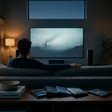 Fotorealistische Szene eines modernen Heimkino-Wohnzimmers bei natürlichem Abendlicht, mit einer einzelnen Person auf einem Sofa vor einem großen Fernseher, daneben mehrere hochwertige Blu-ray- und 4K-UHD-Hüllen auf einem niedrigen Holztisch, sichtbare realistische Texturen von Stoff, Holz und Kunststoff, warme Lichtstimmung und tiefe Kontraste. Im Hintergrund ein ordentliches Regal mit Film- und Serienboxen, dezente Technik wie Lautsprecher und Player, cineastische Farbpalette in Blau-, Grau- und warmen Bernsteintönen, keine Schrift, keine Logos, keine Zahlen im Bild.