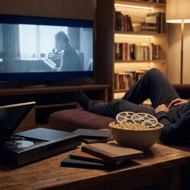 Ein fotorealistisches Wohnzimmer-Heimkino bei natürlichem Abendlicht, eine einzelne Person sitzt entspannt vor einem großen Fernseher, daneben ein geöffneter Blu-ray-Player und mehrere hochwertige Disc-Hüllen auf einem Holztisch, realistische Texturen von Metall, Kunststoff und Papier, warme dezente Farben und ruhige cineastische Stimmung. Im Hintergrund ein ordentliches Regal mit Filmen, weiche Schatten, glaubwürdige Wohnatmosphäre, moderner aber gemütlicher Look, Fokus auf Heimkino, Sammelleidenschaft und hochwertige Unterhaltung ohne sichtbare Schrift oder Symbole.