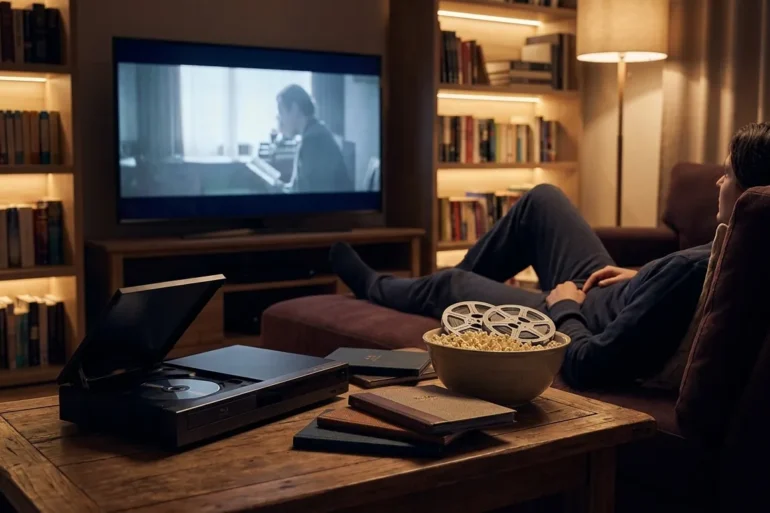 Ein fotorealistisches Wohnzimmer-Heimkino bei natürlichem Abendlicht, eine einzelne Person sitzt entspannt vor einem großen Fernseher, daneben ein geöffneter Blu-ray-Player und mehrere hochwertige Disc-Hüllen auf einem Holztisch, realistische Texturen von Metall, Kunststoff und Papier, warme dezente Farben und ruhige cineastische Stimmung. Im Hintergrund ein ordentliches Regal mit Filmen, weiche Schatten, glaubwürdige Wohnatmosphäre, moderner aber gemütlicher Look, Fokus auf Heimkino, Sammelleidenschaft und hochwertige Unterhaltung ohne sichtbare Schrift oder Symbole.