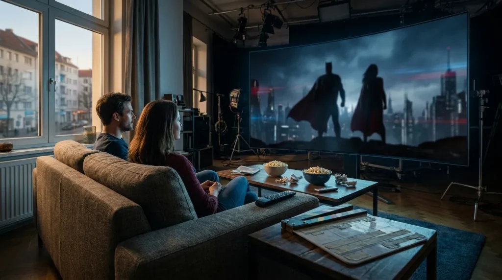 Fotorealistisches Hero-Motiv mit natürlichem Licht: eine moderne Wohnzimmer-Szene mit genau 2 Personen auf einem Sofa, die auf einen großen Bildschirm mit unscharfen Superhelden-Silhouetten und einer filmischen Stadtkulisse blicken, dazu verstreute Popcorn-Schalen, Fernbedienung und dezente Heimkino-Atmosphäre. Realistische Texturen von Stoff, Holz und Glas, kühle Blau- und Rottöne mit warmem Abendlicht am Fenster, dynamische aber aufgeräumte Komposition, keine Texte, keine Logos, keine Buchstaben, keine Zahlen im Bild.