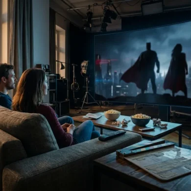 Fotorealistisches Hero-Motiv mit natürlichem Licht: eine moderne Wohnzimmer-Szene mit genau 2 Personen auf einem Sofa, die auf einen großen Bildschirm mit unscharfen Superhelden-Silhouetten und einer filmischen Stadtkulisse blicken, dazu verstreute Popcorn-Schalen, Fernbedienung und dezente Heimkino-Atmosphäre. Realistische Texturen von Stoff, Holz und Glas, kühle Blau- und Rottöne mit warmem Abendlicht am Fenster, dynamische aber aufgeräumte Komposition, keine Texte, keine Logos, keine Buchstaben, keine Zahlen im Bild.
