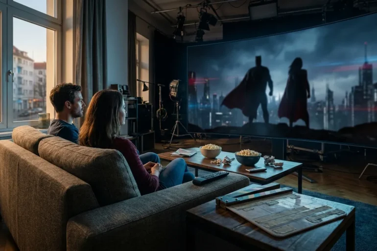 Fotorealistisches Hero-Motiv mit natürlichem Licht: eine moderne Wohnzimmer-Szene mit genau 2 Personen auf einem Sofa, die auf einen großen Bildschirm mit unscharfen Superhelden-Silhouetten und einer filmischen Stadtkulisse blicken, dazu verstreute Popcorn-Schalen, Fernbedienung und dezente Heimkino-Atmosphäre. Realistische Texturen von Stoff, Holz und Glas, kühle Blau- und Rottöne mit warmem Abendlicht am Fenster, dynamische aber aufgeräumte Komposition, keine Texte, keine Logos, keine Buchstaben, keine Zahlen im Bild.