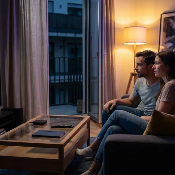 Fotorealistische Szene in einem modernen Wohnzimmer bei natürlicher Abendbeleuchtung: genau 2 Personen sitzen auf einem Sofa und schauen konzentriert auf einen großen Fernseher mit unscharfer Krimi-Stimmung, daneben liegen Fernbedienung, Streaming-Controller und Notizbuch auf einem Couchtisch mit realistischen Texturen aus Holz, Stoff und Glas. Kühle Blau- und Grautöne treffen auf warmes Lampenlicht, im Hintergrund ein dezentes Regal und eine halb geöffnete Vorhangfront, cineastische Komposition mit klarer Tiefenwirkung, spannungsgeladene, aber alltagstaugliche Atmosphäre, ohne Text, ohne Buchstaben, ohne Zahlen.