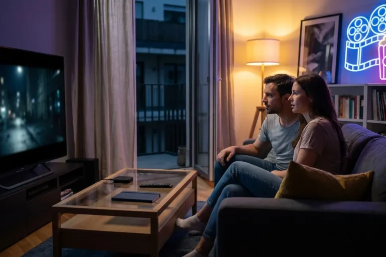 Fotorealistische Szene in einem modernen Wohnzimmer bei natürlicher Abendbeleuchtung: genau 2 Personen sitzen auf einem Sofa und schauen konzentriert auf einen großen Fernseher mit unscharfer Krimi-Stimmung, daneben liegen Fernbedienung, Streaming-Controller und Notizbuch auf einem Couchtisch mit realistischen Texturen aus Holz, Stoff und Glas. Kühle Blau- und Grautöne treffen auf warmes Lampenlicht, im Hintergrund ein dezentes Regal und eine halb geöffnete Vorhangfront, cineastische Komposition mit klarer Tiefenwirkung, spannungsgeladene, aber alltagstaugliche Atmosphäre, ohne Text, ohne Buchstaben, ohne Zahlen.
