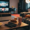 Fotorealistische Fotografie eines gemütlichen Filmabends im modernen Wohnzimmer, ein Sofa mit Decken und Snacks, ein großer Fernseher mit einer Streaming-Auswahl im unscharfen Hintergrund, mehrere Fernbedienungen und Popcorn auf dem Couchtisch, warme natürliche Beleuchtung, realistische Texturen, cineastische Atmosphäre, kein Text im Bild