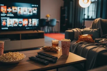 Fotorealistische Fotografie eines gemütlichen Filmabends im modernen Wohnzimmer, ein Sofa mit Decken und Snacks, ein großer Fernseher mit einer Streaming-Auswahl im unscharfen Hintergrund, mehrere Fernbedienungen und Popcorn auf dem Couchtisch, warme natürliche Beleuchtung, realistische Texturen, cineastische Atmosphäre, kein Text im Bild