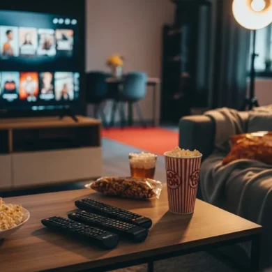 Fotorealistische Fotografie eines gemütlichen Filmabends im modernen Wohnzimmer, ein Sofa mit Decken und Snacks, ein großer Fernseher mit einer Streaming-Auswahl im unscharfen Hintergrund, mehrere Fernbedienungen und Popcorn auf dem Couchtisch, warme natürliche Beleuchtung, realistische Texturen, cineastische Atmosphäre, kein Text im Bild