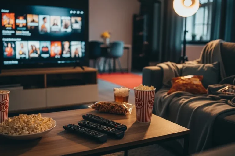 Fotorealistische Fotografie eines gemütlichen Filmabends im modernen Wohnzimmer, ein Sofa mit Decken und Snacks, ein großer Fernseher mit einer Streaming-Auswahl im unscharfen Hintergrund, mehrere Fernbedienungen und Popcorn auf dem Couchtisch, warme natürliche Beleuchtung, realistische Texturen, cineastische Atmosphäre, kein Text im Bild