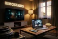 Fotorealistische Hero-Szene für einen Vergleichsartikel über die besten Thriller im Stream und Kino, gemütliches modernes Wohnzimmer mit großem Fernseher, Laptop und Smartphone auf einem Couchtisch, daneben Kinotickets und Popcorn als Hinweis auf Stream und Kino, vier unterschiedliche Streaming-Oberflächen nur abstrakt angedeutet ohne Logos oder Text, spannende abendliche Lichtstimmung mit natürlichem Licht von einer Fensterfront und warmen Lampen, realistische Texturen bei Stoffen, Holz, Glas und Metall, cineastische Komposition, hochwertig und modern, kein Text im Bild