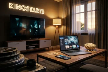 Fotorealistische Hero-Szene für einen Vergleichsartikel über die besten Thriller im Stream und Kino, gemütliches modernes Wohnzimmer mit großem Fernseher, Laptop und Smartphone auf einem Couchtisch, daneben Kinotickets und Popcorn als Hinweis auf Stream und Kino, vier unterschiedliche Streaming-Oberflächen nur abstrakt angedeutet ohne Logos oder Text, spannende abendliche Lichtstimmung mit natürlichem Licht von einer Fensterfront und warmen Lampen, realistische Texturen bei Stoffen, Holz, Glas und Metall, cineastische Komposition, hochwertig und modern, kein Text im Bild