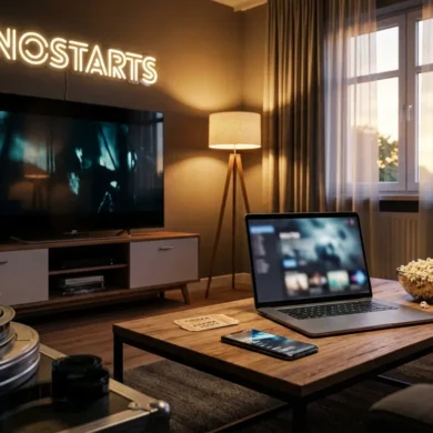 Fotorealistische Hero-Szene für einen Vergleichsartikel über die besten Thriller im Stream und Kino, gemütliches modernes Wohnzimmer mit großem Fernseher, Laptop und Smartphone auf einem Couchtisch, daneben Kinotickets und Popcorn als Hinweis auf Stream und Kino, vier unterschiedliche Streaming-Oberflächen nur abstrakt angedeutet ohne Logos oder Text, spannende abendliche Lichtstimmung mit natürlichem Licht von einer Fensterfront und warmen Lampen, realistische Texturen bei Stoffen, Holz, Glas und Metall, cineastische Komposition, hochwertig und modern, kein Text im Bild