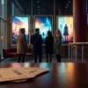 Fotorealistische Szene in einem modernen Kinofoyer mit natürlichem Abendlicht, 4 Personen betrachten große leuchtende Filmposter ohne jeglichen Text, im Hintergrund sichtbare digitale Bildschirme nur als abstrakte Lichtflächen, realistische Stoffe, Glas, Metall und warme Reflexionen. Kinoreife Stimmung mit satten Blau-, Gold- und Rot-Tönen, lebendige aber glaubwürdige Details, klare Tiefenschärfe, hochwertige natürliche Texturen, professioneller Editorial-Look passend zu Filmtrends 2026, Streaming und kommenden Filmen, ohne Schrift, ohne Zahlen, ohne Logos.
