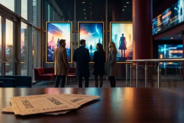 Fotorealistische Szene in einem modernen Kinofoyer mit natürlichem Abendlicht, 4 Personen betrachten große leuchtende Filmposter ohne jeglichen Text, im Hintergrund sichtbare digitale Bildschirme nur als abstrakte Lichtflächen, realistische Stoffe, Glas, Metall und warme Reflexionen. Kinoreife Stimmung mit satten Blau-, Gold- und Rot-Tönen, lebendige aber glaubwürdige Details, klare Tiefenschärfe, hochwertige natürliche Texturen, professioneller Editorial-Look passend zu Filmtrends 2026, Streaming und kommenden Filmen, ohne Schrift, ohne Zahlen, ohne Logos.