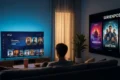 Fotorealistische Szene in einem gemütlichen deutschen Wohnzimmer bei natürlichem Abendlicht: eine einzelne Person sitzt entspannt auf einem Sofa, vor ihr ein großer Fernseher mit farbiger, aber schriftfreier Streaming-Oberfläche, dazu warme Lichtstimmung, realistische Stofftexturen, Holzoberflächen und dezente Popcorn-Schale auf dem Tisch. Im Hintergrund sorgen sanfte Blautöne und warme Akzente für eine moderne Entertainment-Atmosphäre, mit Fokus auf Serienauswahl, Streaming-Neuheiten und unterschiedliche Genre-Stimmungen wie Fantasy, Science-Fiction und Familienunterhaltung, ohne sichtbare Schrift, Zahlen oder Logos.