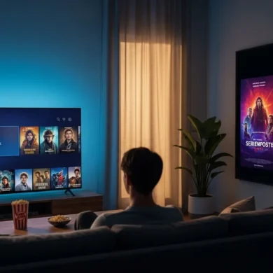 Fotorealistische Szene in einem gemütlichen deutschen Wohnzimmer bei natürlichem Abendlicht: eine einzelne Person sitzt entspannt auf einem Sofa, vor ihr ein großer Fernseher mit farbiger, aber schriftfreier Streaming-Oberfläche, dazu warme Lichtstimmung, realistische Stofftexturen, Holzoberflächen und dezente Popcorn-Schale auf dem Tisch. Im Hintergrund sorgen sanfte Blautöne und warme Akzente für eine moderne Entertainment-Atmosphäre, mit Fokus auf Serienauswahl, Streaming-Neuheiten und unterschiedliche Genre-Stimmungen wie Fantasy, Science-Fiction und Familienunterhaltung, ohne sichtbare Schrift, Zahlen oder Logos.