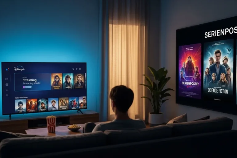 Fotorealistische Szene in einem gemütlichen deutschen Wohnzimmer bei natürlichem Abendlicht: eine einzelne Person sitzt entspannt auf einem Sofa, vor ihr ein großer Fernseher mit farbiger, aber schriftfreier Streaming-Oberfläche, dazu warme Lichtstimmung, realistische Stofftexturen, Holzoberflächen und dezente Popcorn-Schale auf dem Tisch. Im Hintergrund sorgen sanfte Blautöne und warme Akzente für eine moderne Entertainment-Atmosphäre, mit Fokus auf Serienauswahl, Streaming-Neuheiten und unterschiedliche Genre-Stimmungen wie Fantasy, Science-Fiction und Familienunterhaltung, ohne sichtbare Schrift, Zahlen oder Logos.