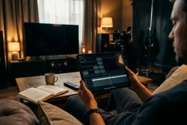 Fotorealistische Szene in einem gemütlichen Wohnzimmer mit natürlichem Tageslicht: eine einzelne Person sitzt vor einem Fernseher und einem Couchtisch mit Tablet, Notizbuch und Fernbedienung, während auf dem Tablet eine visuelle Watchlist ohne lesbaren Text als geordnete Kacheln und Zeitachsen dargestellt ist. Warme neutrale Farben, realistische Stoff- und Holztexturen, moderner Streaming- und Heimkino-Look, klare Komposition mit Fokus auf Orientierung, Planung und Film Reihenfolge, keinerlei Schrift, Buchstaben oder Zahlen im Bild.