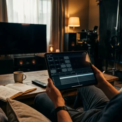 Fotorealistische Szene in einem gemütlichen Wohnzimmer mit natürlichem Tageslicht: eine einzelne Person sitzt vor einem Fernseher und einem Couchtisch mit Tablet, Notizbuch und Fernbedienung, während auf dem Tablet eine visuelle Watchlist ohne lesbaren Text als geordnete Kacheln und Zeitachsen dargestellt ist. Warme neutrale Farben, realistische Stoff- und Holztexturen, moderner Streaming- und Heimkino-Look, klare Komposition mit Fokus auf Orientierung, Planung und Film Reihenfolge, keinerlei Schrift, Buchstaben oder Zahlen im Bild.