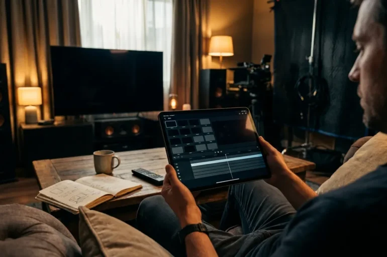 Fotorealistische Szene in einem gemütlichen Wohnzimmer mit natürlichem Tageslicht: eine einzelne Person sitzt vor einem Fernseher und einem Couchtisch mit Tablet, Notizbuch und Fernbedienung, während auf dem Tablet eine visuelle Watchlist ohne lesbaren Text als geordnete Kacheln und Zeitachsen dargestellt ist. Warme neutrale Farben, realistische Stoff- und Holztexturen, moderner Streaming- und Heimkino-Look, klare Komposition mit Fokus auf Orientierung, Planung und Film Reihenfolge, keinerlei Schrift, Buchstaben oder Zahlen im Bild.
