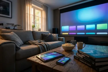 Fotorealistische Hero-Szene eines modernen Wohnzimmers mit Sofa, großem Fernseher und mehreren stilisierten Streaming-Oberflächen auf Tablets und Smart-TV, freundliche natürliche Beleuchtung am Abend, realistische Texturen von Holz, Stoff und Glas, hochwertige redaktionelle Vergleichsatmosphäre, kein Text im Bild