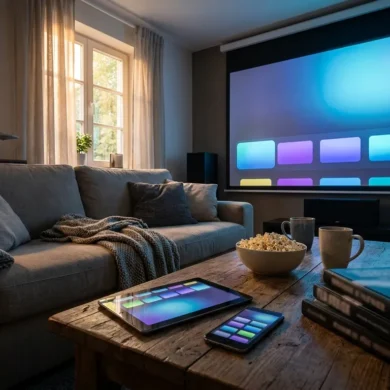 Fotorealistische Hero-Szene eines modernen Wohnzimmers mit Sofa, großem Fernseher und mehreren stilisierten Streaming-Oberflächen auf Tablets und Smart-TV, freundliche natürliche Beleuchtung am Abend, realistische Texturen von Holz, Stoff und Glas, hochwertige redaktionelle Vergleichsatmosphäre, kein Text im Bild