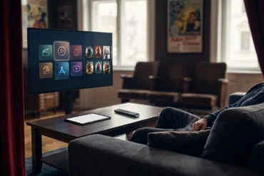 Fotorealistische Hero-Szene in einem modernen Wohnzimmer mit natürlicher Beleuchtung und realistischen Texturen: Eine Person sitzt entspannt auf einem Sofa vor einem großen Fernseher, auf dem mehrere stilisierte Streaming-Oberflächen nebeneinander sichtbar sind, dazu Tablet und Fernbedienung auf einem Couchtisch, dezente Kino-Atmosphäre, hochwertig, aufgeräumt, ohne Text im Bild.