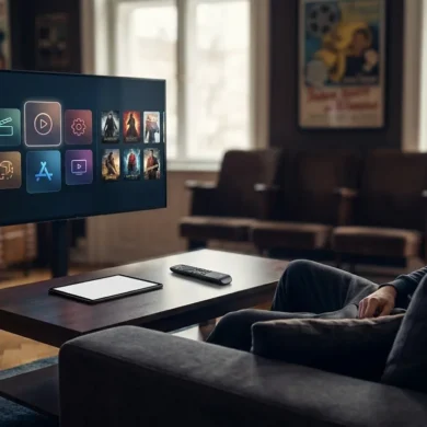 Fotorealistische Hero-Szene in einem modernen Wohnzimmer mit natürlicher Beleuchtung und realistischen Texturen: Eine Person sitzt entspannt auf einem Sofa vor einem großen Fernseher, auf dem mehrere stilisierte Streaming-Oberflächen nebeneinander sichtbar sind, dazu Tablet und Fernbedienung auf einem Couchtisch, dezente Kino-Atmosphäre, hochwertig, aufgeräumt, ohne Text im Bild.