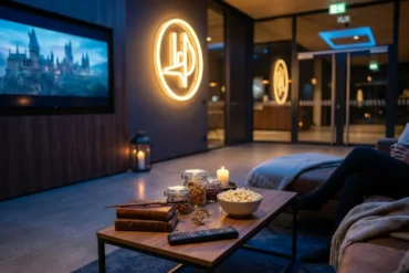 Fotorealistische Szene eines gemütlichen Fantasy-Filmabends in einem Wohnzimmer bei natürlichem warmem Abendlicht, eine einzelne Person sitzt entspannt auf einem Sofa mit Decke, auf einem großen Fernseher läuft eine unscharfe magische Schlosslandschaft ohne erkennbare Marken, dazu realistische Texturen von Holz, Stoff, Kerzenlicht und Glas. Die Komposition wirkt einladend und hochwertig, mit tiefen Blau- und Goldtönen, leichter magischer Atmosphäre und cineastischer Stimmung, kein Text.