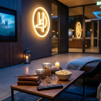 Fotorealistische Szene eines gemütlichen Fantasy-Filmabends in einem Wohnzimmer bei natürlichem warmem Abendlicht, eine einzelne Person sitzt entspannt auf einem Sofa mit Decke, auf einem großen Fernseher läuft eine unscharfe magische Schlosslandschaft ohne erkennbare Marken, dazu realistische Texturen von Holz, Stoff, Kerzenlicht und Glas. Die Komposition wirkt einladend und hochwertig, mit tiefen Blau- und Goldtönen, leichter magischer Atmosphäre und cineastischer Stimmung, kein Text.