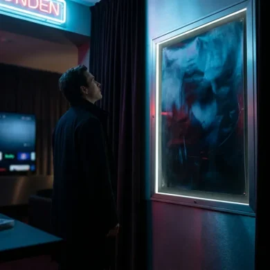 Düstere Kinolobby mit einer einzelnen Person im Vordergrund, die auf ein beleuchtetes Filmplakat ohne Schrift blickt, daneben unscharfe Hinweise auf Streaming und Heimkino durch einen Fernseher und eine Disc-Hülle im Hintergrund, alles in fotorealistischer Anmutung mit natürlichem Licht, weichen Schatten und realistischen Texturen von Stoff, Glas und Metall. Farbpalette aus tiefem Schwarz, kaltem Blau und dezenten roten Akzenten, spannungsgeladene Stimmung, klare Tiefenschärfe im Vordergrund und cineastische Komposition ohne jegliche Wörter, Buchstaben oder Zahlen im Bild.