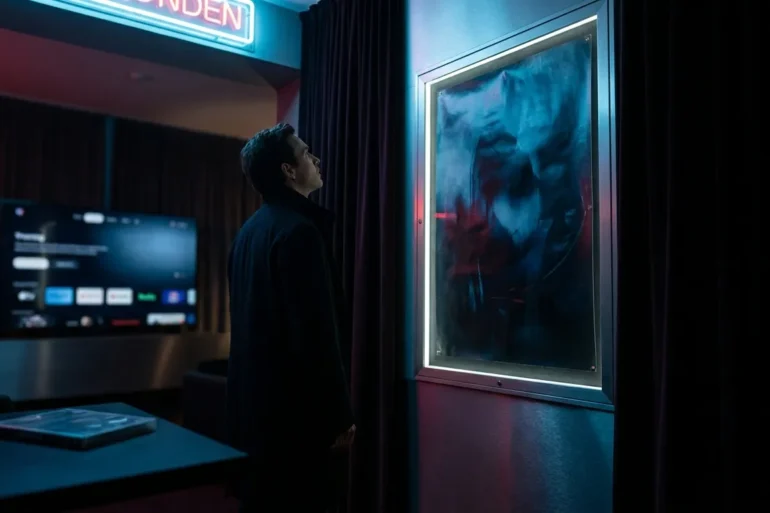 Düstere Kinolobby mit einer einzelnen Person im Vordergrund, die auf ein beleuchtetes Filmplakat ohne Schrift blickt, daneben unscharfe Hinweise auf Streaming und Heimkino durch einen Fernseher und eine Disc-Hülle im Hintergrund, alles in fotorealistischer Anmutung mit natürlichem Licht, weichen Schatten und realistischen Texturen von Stoff, Glas und Metall. Farbpalette aus tiefem Schwarz, kaltem Blau und dezenten roten Akzenten, spannungsgeladene Stimmung, klare Tiefenschärfe im Vordergrund und cineastische Komposition ohne jegliche Wörter, Buchstaben oder Zahlen im Bild.