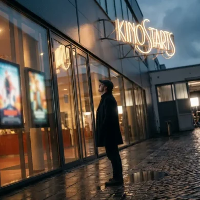 Fotorealistische Szene vor einem modernen deutschen Kino bei natürlichem Abendlicht, eine einzelne Person steht vor einer beleuchteten Glasfront und betrachtet mehrere digitale Programmtafeln mit Filmplakaten, ohne dass lesbarer Text oder Zahlen sichtbar sind. Realistische Texturen von Glas, Metall, Pflasterstein und Kleidung, warme Lichtstimmung, dezente Reflexionen nach einem leichten Regenschauer, cineastische Komposition mit Fokus auf Orientierung, Auswahl und Vorfreude.