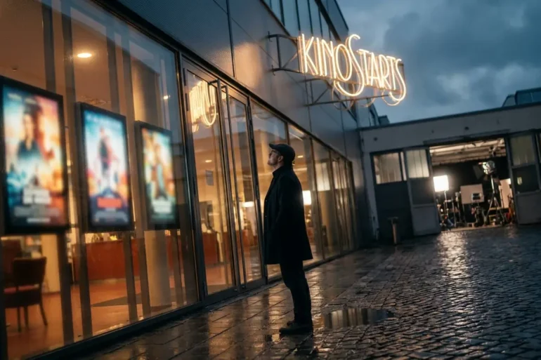 Fotorealistische Szene vor einem modernen deutschen Kino bei natürlichem Abendlicht, eine einzelne Person steht vor einer beleuchteten Glasfront und betrachtet mehrere digitale Programmtafeln mit Filmplakaten, ohne dass lesbarer Text oder Zahlen sichtbar sind. Realistische Texturen von Glas, Metall, Pflasterstein und Kleidung, warme Lichtstimmung, dezente Reflexionen nach einem leichten Regenschauer, cineastische Komposition mit Fokus auf Orientierung, Auswahl und Vorfreude.