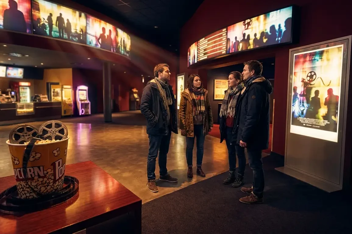 Fotorealistische Szene in einer modernen deutschen Kino-Lobby bei natürlichem Abendlicht, 4 Personen schauen auf ein beleuchtetes Filmplakat-Display und auf eine digitale Anzeigetafel ohne sichtbare Schrift oder Zahlen, warme Rot- und Goldtöne, realistische Haut- und Stofftexturen, glänzende Bodenreflexionen, glaubwürdige Kinostimmung mit Popcorn-Theke im unscharfen Hintergrund. Fokus auf Neugier, Entscheidungsfindung und aktuelle Kinocharts, cineastische Tiefenschärfe, natürliche Perspektive auf Augenhöhe, hochwertige realistische Details ohne jegliche geschriebenen Inhalte im Bild.