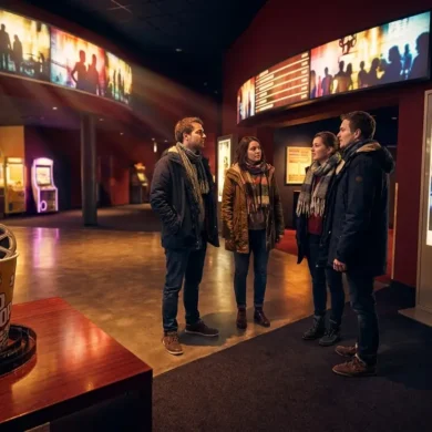 Fotorealistische Szene in einer modernen deutschen Kino-Lobby bei natürlichem Abendlicht, 4 Personen schauen auf ein beleuchtetes Filmplakat-Display und auf eine digitale Anzeigetafel ohne sichtbare Schrift oder Zahlen, warme Rot- und Goldtöne, realistische Haut- und Stofftexturen, glänzende Bodenreflexionen, glaubwürdige Kinostimmung mit Popcorn-Theke im unscharfen Hintergrund. Fokus auf Neugier, Entscheidungsfindung und aktuelle Kinocharts, cineastische Tiefenschärfe, natürliche Perspektive auf Augenhöhe, hochwertige realistische Details ohne jegliche geschriebenen Inhalte im Bild.
