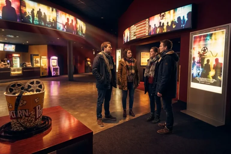 Fotorealistische Szene in einer modernen deutschen Kino-Lobby bei natürlichem Abendlicht, 4 Personen schauen auf ein beleuchtetes Filmplakat-Display und auf eine digitale Anzeigetafel ohne sichtbare Schrift oder Zahlen, warme Rot- und Goldtöne, realistische Haut- und Stofftexturen, glänzende Bodenreflexionen, glaubwürdige Kinostimmung mit Popcorn-Theke im unscharfen Hintergrund. Fokus auf Neugier, Entscheidungsfindung und aktuelle Kinocharts, cineastische Tiefenschärfe, natürliche Perspektive auf Augenhöhe, hochwertige realistische Details ohne jegliche geschriebenen Inhalte im Bild.