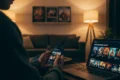 Fotorealistische Szene in natürlichem Licht: eine einzelne Person sitzt am frühen Abend in einem modernen, gemütlichen Wohnzimmer auf einem Sofa und vergleicht auf Smartphone und Laptop das aktuelle Kinoprogramm, im Hintergrund unscharf ein Regal mit Filmplakaten ohne lesbare Schrift und eine warme Stehlampe. Realistische Texturen von Stoff, Holz und Glas, authentische Hauttöne, ruhige konzentrierte Stimmung, cineastische Farbpalette mit warmen Gold- und tiefen Blautönen, klare Bildkomposition mit Fokus auf die Entscheidungsfindung rund um Kinofilme heute, keinerlei Text oder Schrift im Bild.