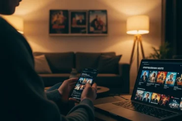 Fotorealistische Szene in natürlichem Licht: eine einzelne Person sitzt am frühen Abend in einem modernen, gemütlichen Wohnzimmer auf einem Sofa und vergleicht auf Smartphone und Laptop das aktuelle Kinoprogramm, im Hintergrund unscharf ein Regal mit Filmplakaten ohne lesbare Schrift und eine warme Stehlampe. Realistische Texturen von Stoff, Holz und Glas, authentische Hauttöne, ruhige konzentrierte Stimmung, cineastische Farbpalette mit warmen Gold- und tiefen Blautönen, klare Bildkomposition mit Fokus auf die Entscheidungsfindung rund um Kinofilme heute, keinerlei Text oder Schrift im Bild.