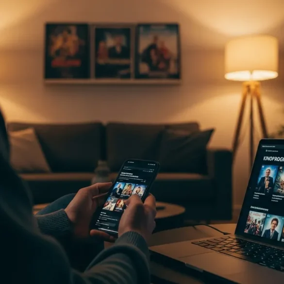 Fotorealistische Szene in natürlichem Licht: eine einzelne Person sitzt am frühen Abend in einem modernen, gemütlichen Wohnzimmer auf einem Sofa und vergleicht auf Smartphone und Laptop das aktuelle Kinoprogramm, im Hintergrund unscharf ein Regal mit Filmplakaten ohne lesbare Schrift und eine warme Stehlampe. Realistische Texturen von Stoff, Holz und Glas, authentische Hauttöne, ruhige konzentrierte Stimmung, cineastische Farbpalette mit warmen Gold- und tiefen Blautönen, klare Bildkomposition mit Fokus auf die Entscheidungsfindung rund um Kinofilme heute, keinerlei Text oder Schrift im Bild.