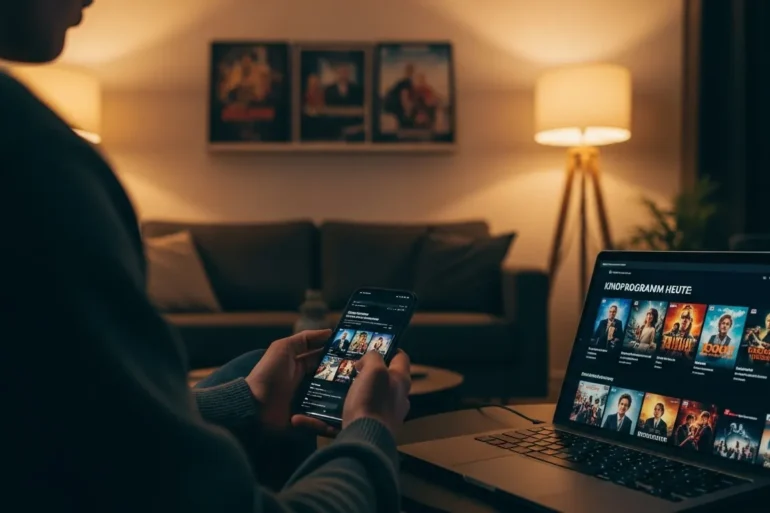 Fotorealistische Szene in natürlichem Licht: eine einzelne Person sitzt am frühen Abend in einem modernen, gemütlichen Wohnzimmer auf einem Sofa und vergleicht auf Smartphone und Laptop das aktuelle Kinoprogramm, im Hintergrund unscharf ein Regal mit Filmplakaten ohne lesbare Schrift und eine warme Stehlampe. Realistische Texturen von Stoff, Holz und Glas, authentische Hauttöne, ruhige konzentrierte Stimmung, cineastische Farbpalette mit warmen Gold- und tiefen Blautönen, klare Bildkomposition mit Fokus auf die Entscheidungsfindung rund um Kinofilme heute, keinerlei Text oder Schrift im Bild.