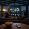 Ein modernes Wohnzimmer am Abend mit genau 2 Personen auf einem Sofa, die entspannt durch einen Streaming-Katalog auf einem großen Fernseher wählen, natürliches warmes Licht von einer Stehlampe und dezente Blautöne vom Bildschirm, realistische Stoff-, Holz- und Hauttexturen. Im Vordergrund liegen Popcorn und eine Fernbedienung auf einem Couchtisch, die Szene wirkt ruhig, hochwertig und fotorealistisch, mit klarer Komposition und ohne sichtbare Schrift oder Symbole, no text